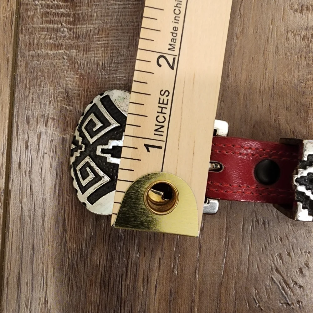 Nocona Red Leather Belt with Silver Aztec Southwestern Design Buckle size 26